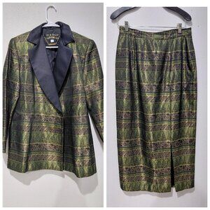 Lily & Taylor Skirt Suit Metallic Gold Green Black Vintage Elegant Church FLAW